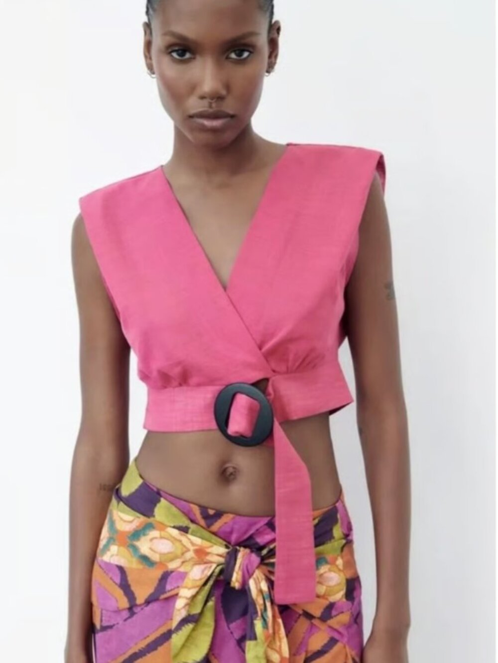 ZARA Buckled Wrap Crop Top Fuchsia NWT 100% Cotton Size Small